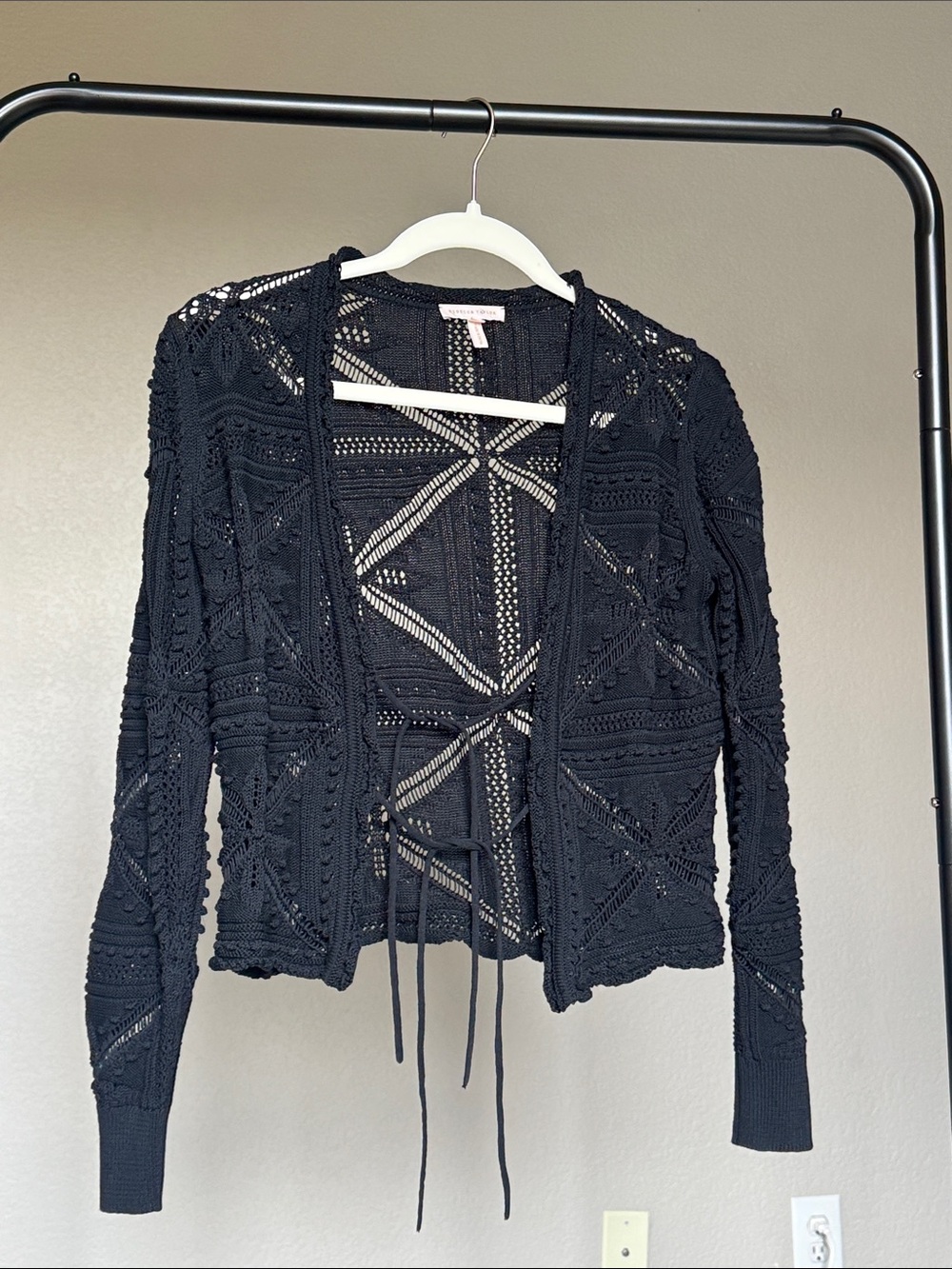 Rebecca Taylor Black Openwork Tie-Front Cardigan-100% Cotton